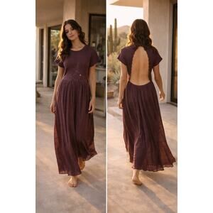 Free People Serenity Maxi Flowy Dress Open Back Cotton Boho Beachy Romantic S